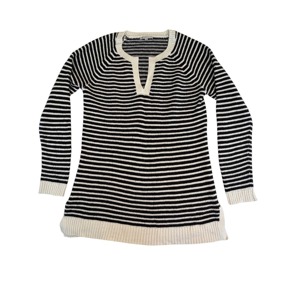 Gap XL Tall Black Cream Striped Split Neck Tunic Sweater Raglan Long Sleeve